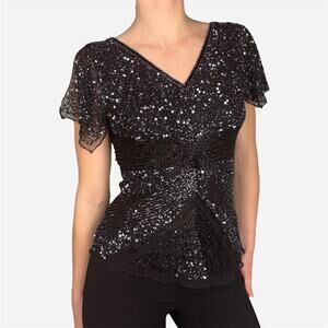 papéll boutique evening black beaded silk top - size small petite